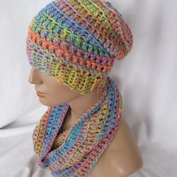 New Handmade Colorful Pastels Slouch Hat and Cowl Set - Picture 1 of 11